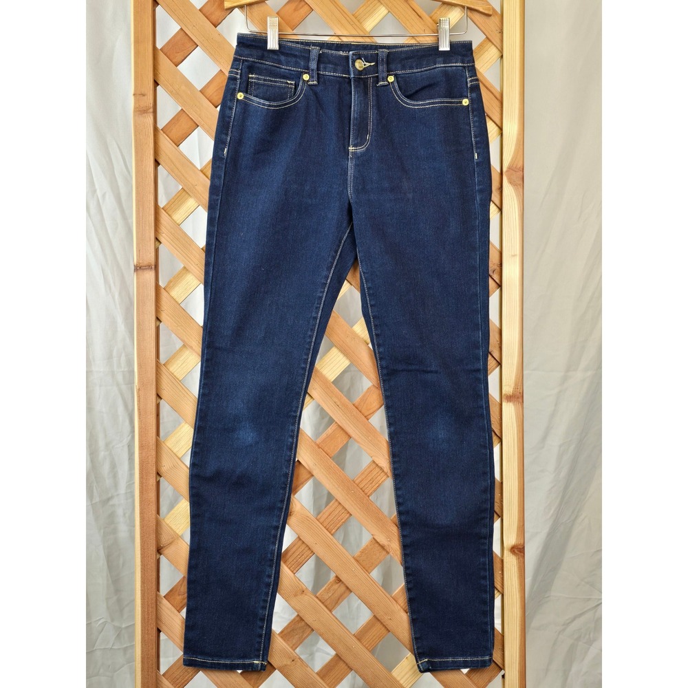 Michael Kors Skinny Jeans Women 4 Dark Blue MK Logo Gold Hardware -Excellent